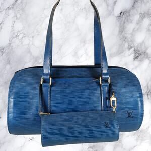 Authentic Louis Vuitton Soufflot Mother&Child Epi Leather Barrel Bag Toledo Blue